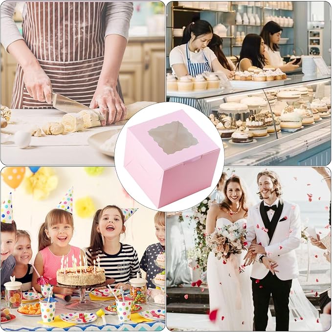 12 Pack 6x6x5 Inch Cake Boxes with Window, Pink Bakery Carriers for Bento Cake, Cupcakes, Cookies, Dessert Treats – Perfect for Valentine's Day, Mother's Day Gifting