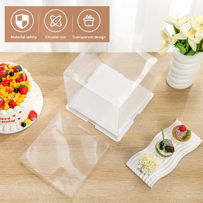 6Pcs 7*7*8inch clear cake boxes with Ribbon, 4inch 5 inch cake box for Bakery Treat,2-Layer Tall Cake Package Boxes,Transparent Gift Display Box with Lid for Birthday Party (Clear Lid, 7*7*8inch/6Pcs)