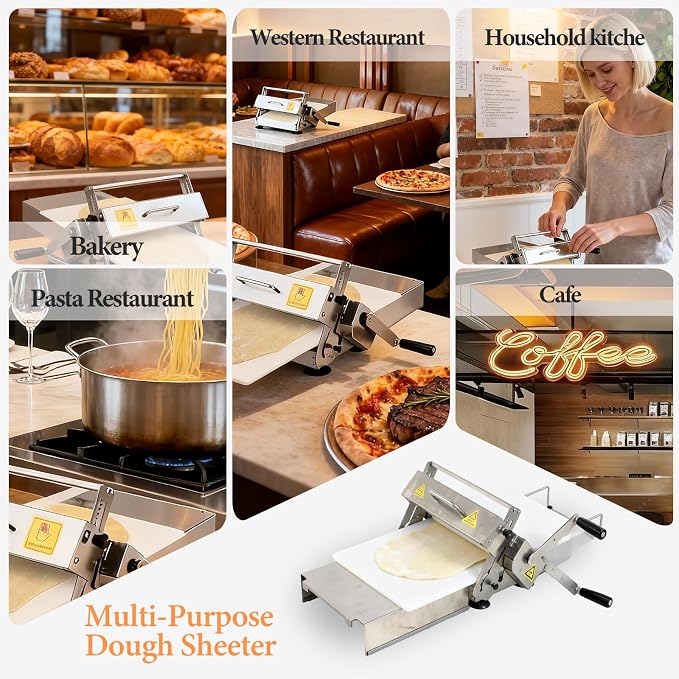 32.6" x 11.8" Folding Manual Dough Sheeter with PE Board – Stainless Steel Countertop Dough Roller Machine, Adjustable Thickness (0–25mm) for Pastry, Pizza, Croissant, Cookie & Pasta