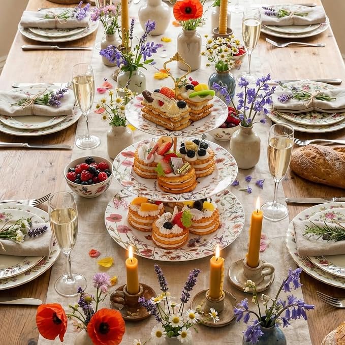 Lallisa Wildflower Party 3 Tier Dessert Stand 10,9 and 7 Ceramic Wildflower Baby Shower Tea Party Tiered Tray Cupcake Stand Display Holder Tower for Wedding Bridal Shower Decoration