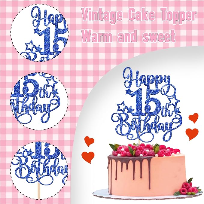1 PCS Happy 15th Birthday Cake Topper Glitter Cheers to 15 Years Birthday Cake Pick Hello 15 Fabulous Cake Decoration for Happy 15th Birthday Anniversary Party Decorations Supplies Blue