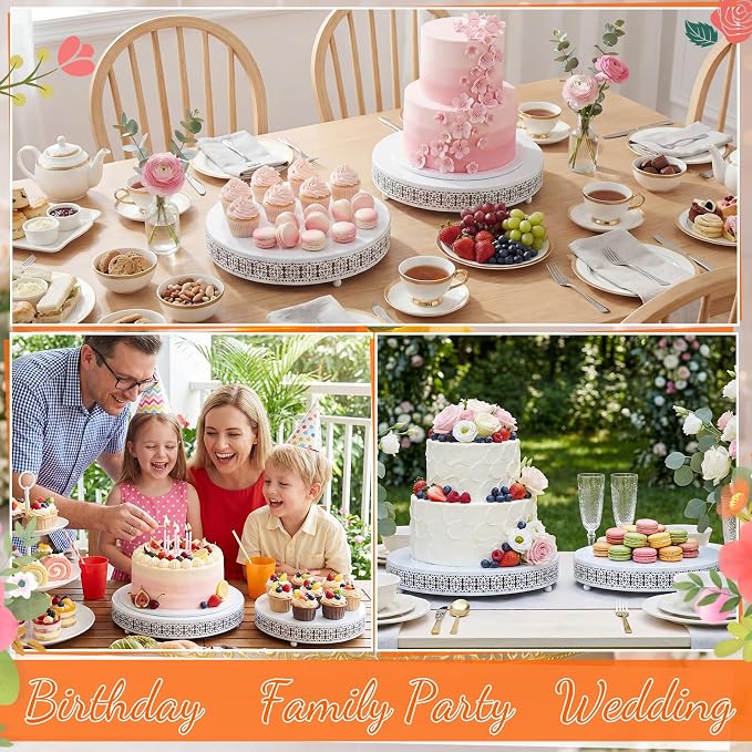Wenqik 2 Pack Cake Stand Set, 14/16 Inch Metal Round Cupcake Dessert Stand Decorative Elegant Cake Display for Weddings Party Birthday Baby Showers Anniversary(Ornate Floral,White)