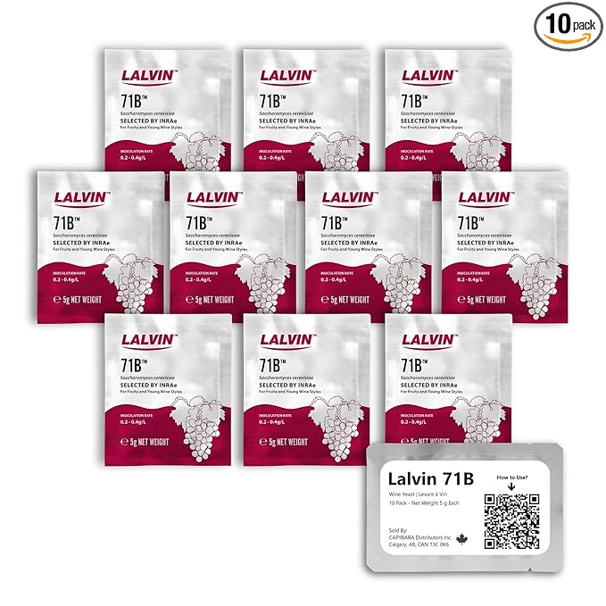 Lalvin 71B Wine Yeast (10 Pack) - Make Wine Cider Mead Kombucha At Home - 5 g Sachets - Saccharomyces cerevisiae - Sold by CAPYBARA Distributors Inc.
