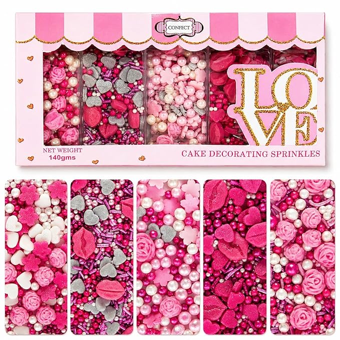 Handcrafted Pink Mini Roses, Silver Hearts, Vermicelli & White Pearls - Vegan, Gluten-Free, Nut-Free, Soy-Free, Dairy-Free Cake & Baking Sprinkles - Perfect for Anniversaries & Special Occasions - 5 Oz