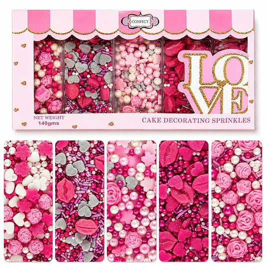 Handcrafted Pink Mini Roses, Silver Hearts, Vermicelli & White Pearls - Vegan, Gluten-Free, Nut-Free, Soy-Free, Dairy-Free Cake & Baking Sprinkles - Perfect for Anniversaries & Special Occasions - 5 Oz