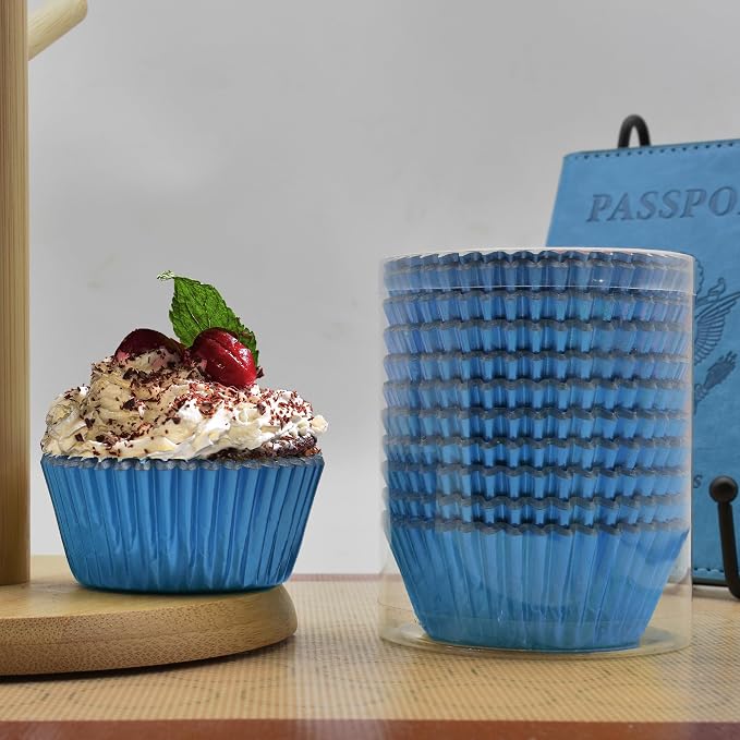 200 Pcs Blue Foil Cupcake Liners Standard Baking Cups Muffin Paper Cases