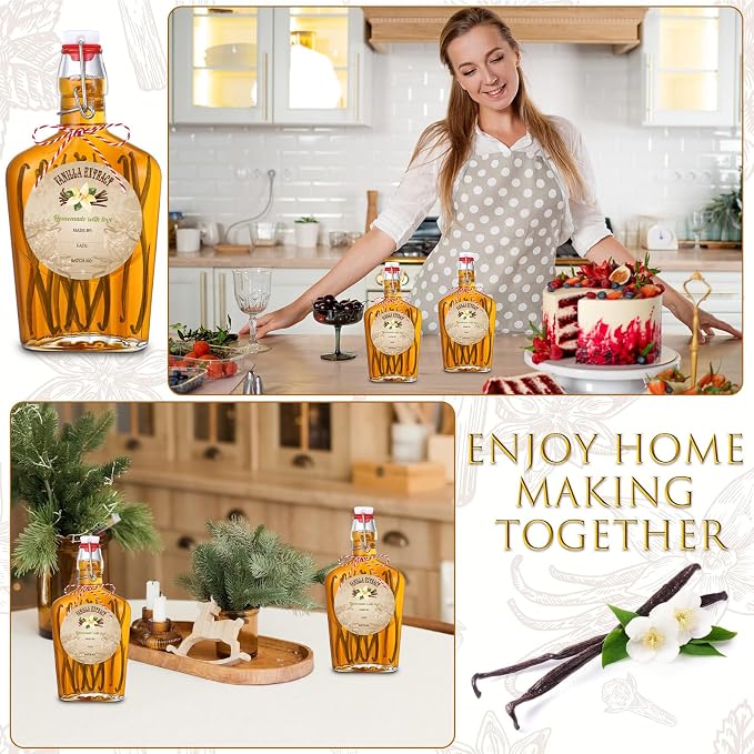 Uiifan 2 Pack 12 oz Vanilla Extract Bottles with Swing Top Flask Whiskey Pocket Clear Glass Flask for Homemade Vanilla Extract Lemon Kombucha Water Apply Christmas Wedding Gift (Clear)