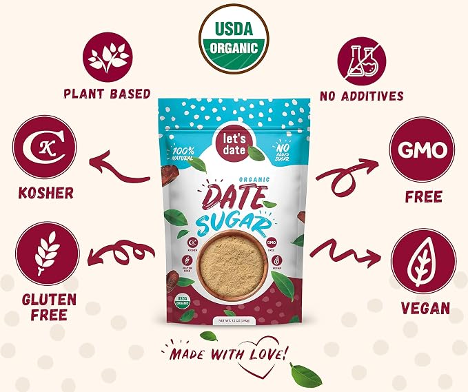 Let’s Date | Organic Date Sugar | Excellent Sugar Substitute | Baking Sugar Alternative | Good Source of Fiber | Vegan | Paleo | Gluten Free | Kosher | Non- GMO | Natural Sweetener (12oz (Pack of 1)