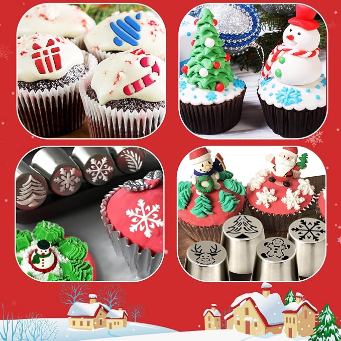 14-Piece Extra Large Christmas Russian Piping Tips, Stainless Steel Santa Claus, Snowflake, Christmas Tree Designs, for Cake Decorating Flower Nozzles Cookie Dessert Baking Tools