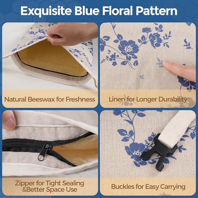 YARRAMATE Reusable Beeswax Bread Bags for Homemade Bread & Sourdough, 2 Pack XL 17x13in Linen Organic Bread Storage Bags with Zipper for Loaf, Baguette and Sandwich Bread, Freezer Safe, Blue Floral