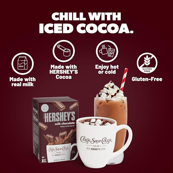 Candy Shop Cocoa HERSHEY’S Milk Iced Cocoa Mix, 1.25oz, 24 Pack | HERSHEY’S milk chocolate cocoa mix with rich, creamy chocolate flavor; just add water for smooth hot or iced drinks anytime