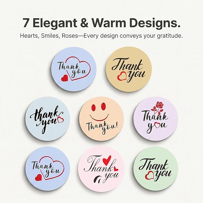 Thank You Stickers 600 Pcs - 1.5" & 1" Round Labels for Small Business, 7 Designs Packaging Stickers for Handmade Products, Envelopes, Gift Wrapping & Crafts