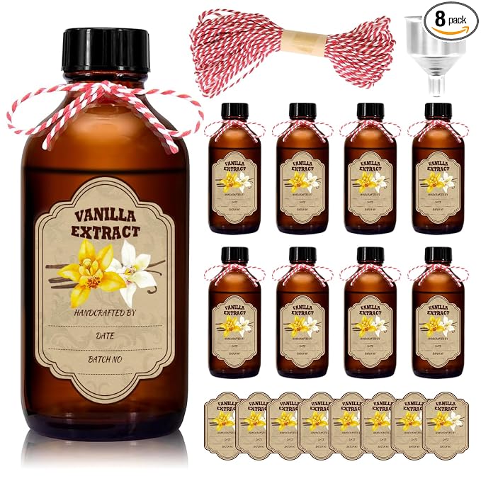8 oz Amber Glass Boston Round Bottles, 8-Pack Empty Vanilla Extract Bottles with Caps for Gift Giving, Syrup, Sauce