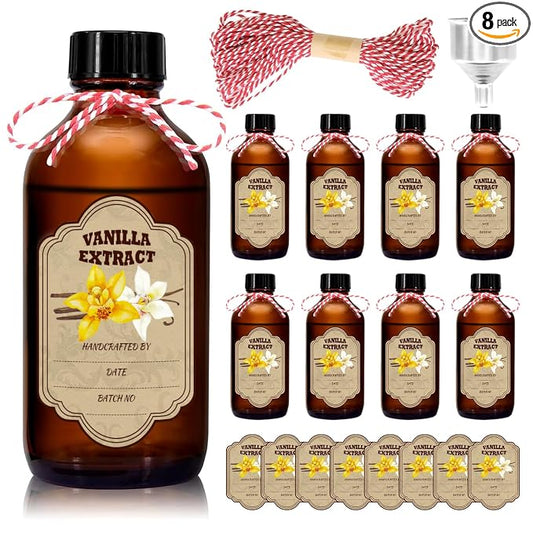 8 oz Amber Glass Boston Round Bottles, 8-Pack Empty Vanilla Extract Bottles with Caps for Gift Giving, Syrup, Sauce