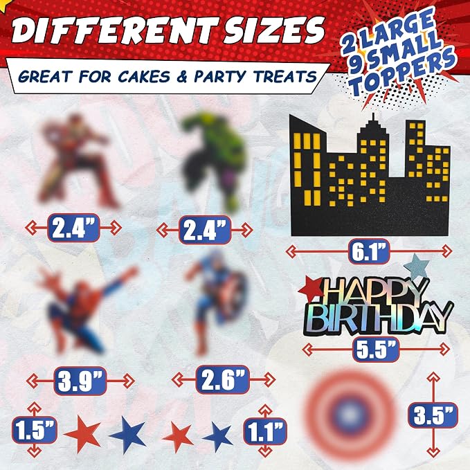 Superhero Birthday Decorations - 11Pcs Colorful Superhero Cake Topper with Bold Action Figures, Sturdy Cardboard & Installation Stick, Easy to Use, Super Hero Birthday Decorations for Boys & Girls