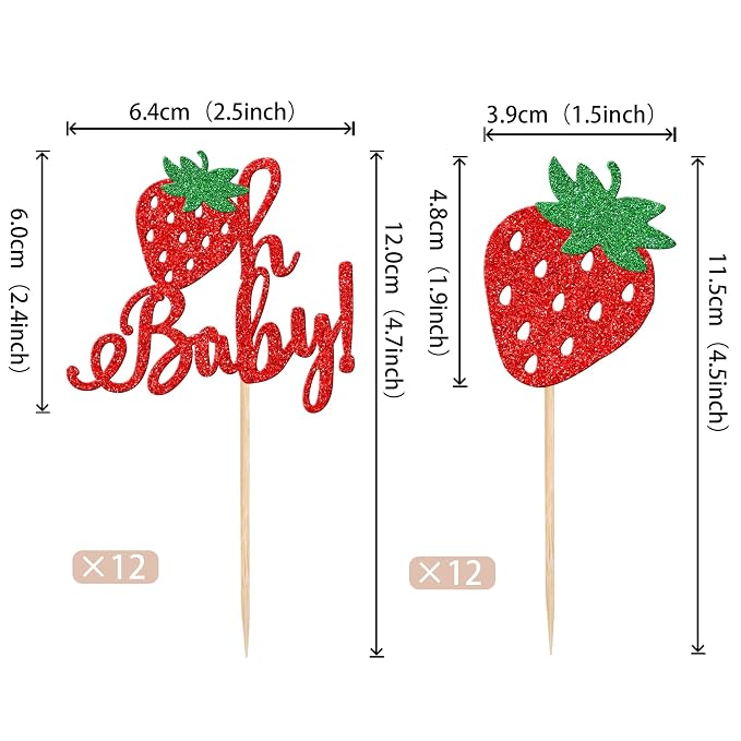 24 PCS Sweet Oh Baby Cupcake Toppers Glitter Oh Baby Strawberry Cupcake Picks Fruit Berry Cupcake Decorations for Strawberry Theme Baby Shower Kids Birthday Party Cake Decorations Supplies Red