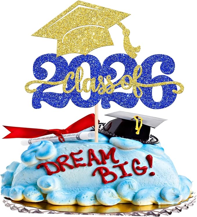 1 Pack Class of 2026 Cake Topper Glitter Congrats Grad Cap 2026 Graduation Cake Pick for 2026 Graduation Theme High School Boys Girls Graduate Party Cake Decorations Supplies Gold Blue