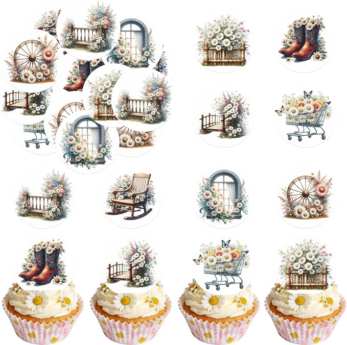 48PCS Edible Daisy Cupcake Toppers Wafer Paper Spring Daisy Flower Cake Decorations FlowerCake Toppers for Daisy Theme Baby Shower Birthday Party Decoration Supplies