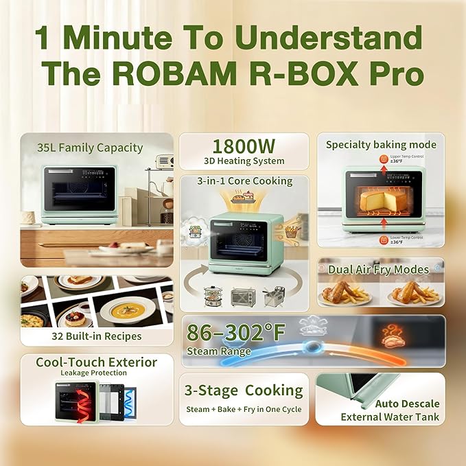 ROBAM Toaster Air Fryer Oven Combo, Countertop Convection Cooker with Bake & Fry, 1.2 Cu.Ft Large Capacity Combi Steam Oven, 32 Preset Recipes, Smart Touch Precise Temp Control, Multi-Stage CT767