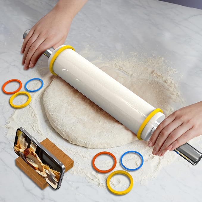 18.5'' Marble Rolling Pin,Stainless Steel Handles,3-Thickness Rings&Stand | Uniform Dough Thickness Control, Mepple Rolling Pin Ideal For Baking Fondant, Pizza, Pie Crust, Cookies,Pastries and More