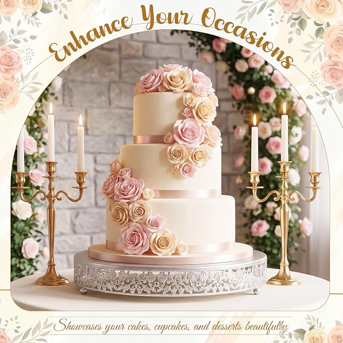 Wenqik 16 Inch Silver Cake Stand Set Metal Round Cupcake Dessert Stand with Cake Cutting, Flower Spatula Wedding Cupcake Pastry Display Candy Holder Display for Wedding Party Birthday Baby Shower