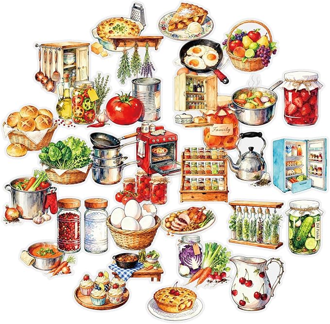 56 pcs Kitchen Food Cooking Clear PET Stickers, Vintage Bakery Bread Fruit Vegetable Transparent Die-Cut Decals, Waterproof Aesthetic Stickers for Journal Planner Scrapbook Recipe Book DIY Decor