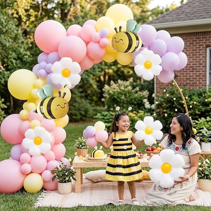 Bee Balloon Garland Arch Kit 121Pcs Macaron Pink Purple Yellow Latex Balloons with Bee Daisy Foil Balloons for Lemonade Birthday Honeybee Party Baby Shower Spring Garden Party Decor