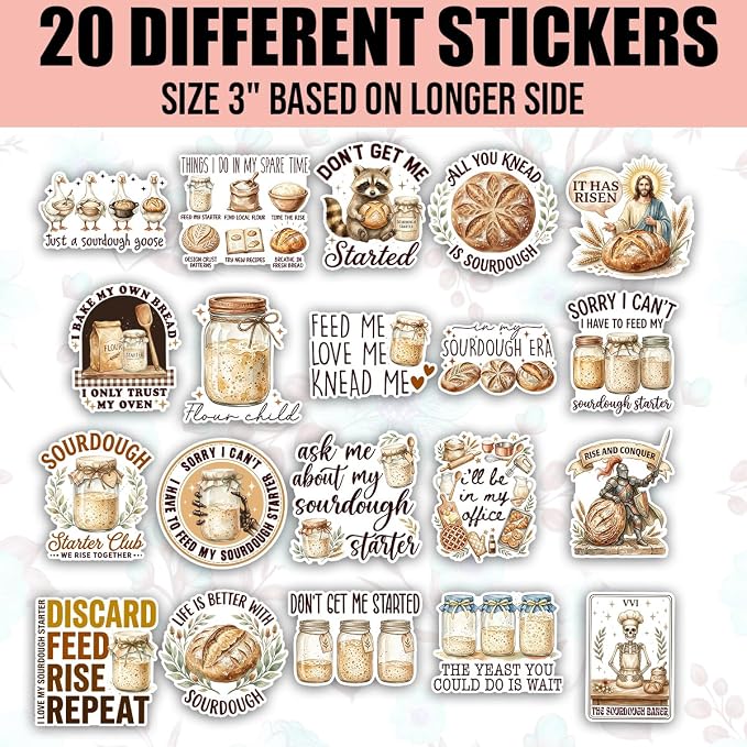TODOLIA (20Pcs-3in) Sourdough Starter Sticker Pack, Funny Sourdough Bread Sticker, Baking Lover Baker Gift, Bread Bakery Themed Decoration For Laptop Tablet Farm Stand Jar Water Bottle Helmet Vehicles