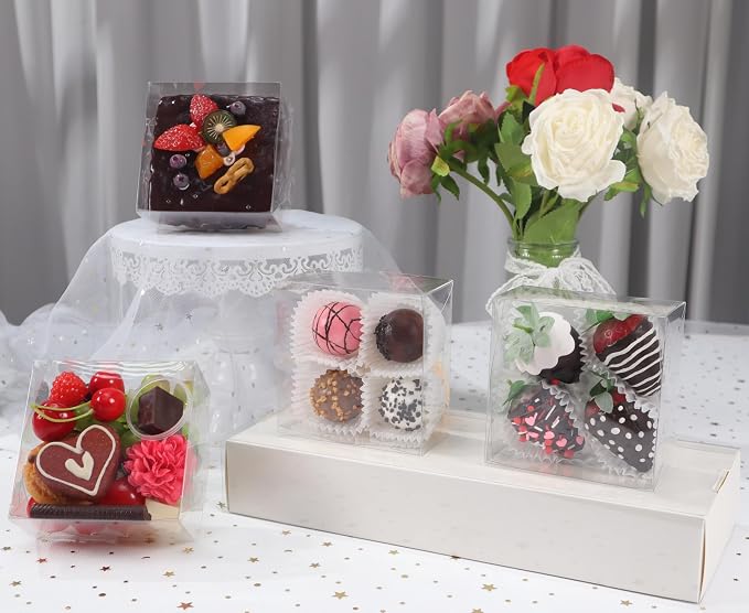 RomanticBaking 15PCS 5x5x2 Inches Full Clear Chocolate Covered Strawberries Boxes Cookies Boxes Mini Bundt Cake Pie Cinnamon Roll Treat Boxes Chocolate Truffle Box Party Wedding Favor