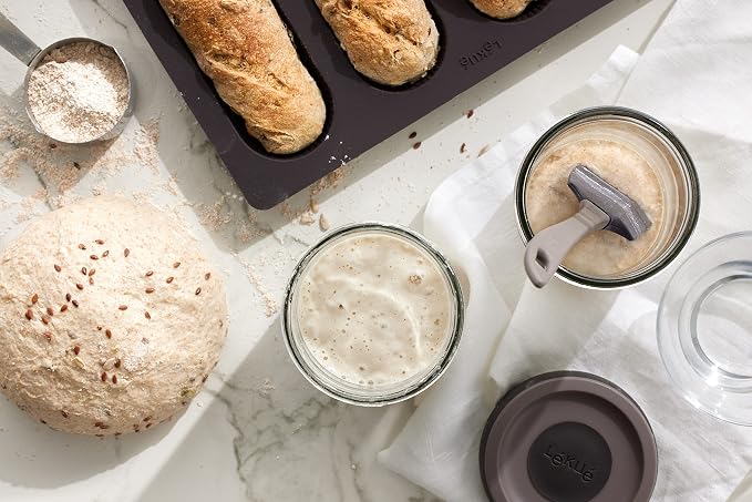 Lékué 6 Piece Sourdough Starter Kit | x2 Glass Jars, Spatula + Recipes | Make Sourdough Bread at Home | Platinum Silicone & Glass Vented Jars, Rise Trackers, Dishwasher Safe | Home Bread Baking