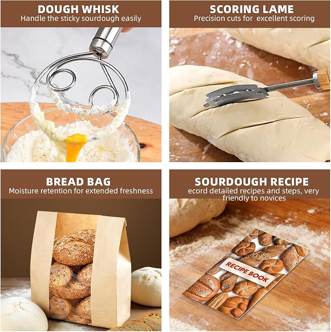 RYTOXILO Mini Banneton Basket Sourdough Starter Kit, 5 inch Round Bread Proofing Basket Set with 24 Oz Glass Sourdough Jar, 13 Pcs Bread Making Kits for Beginners with Sour Dough Baking Supplies