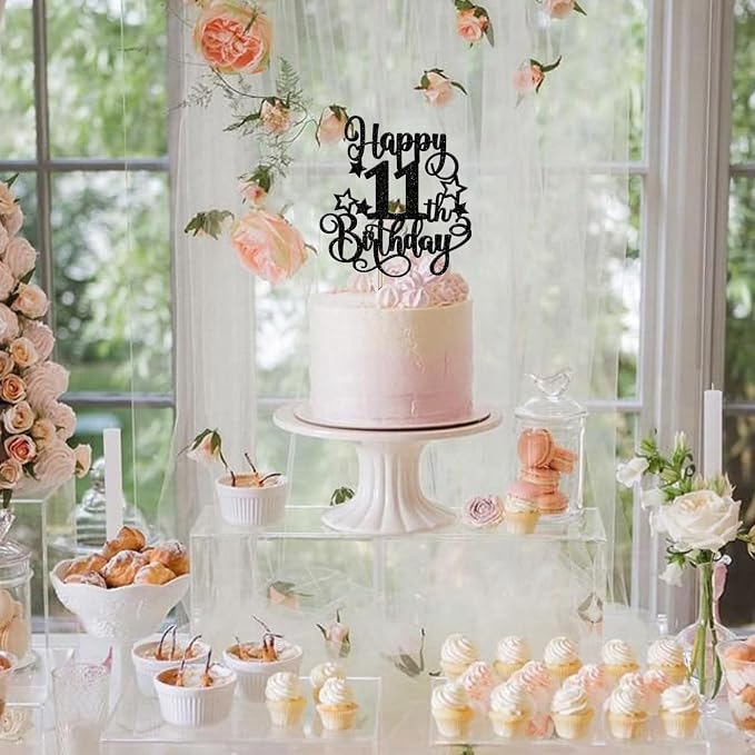 1 PCS Happy 11th Birthday Cake Topper Glitter Cheers to 11 Years Birthday Cake Pick Hello 11 Fabulous Cake Decoration for Happy 11th Birthday Anniversary Party Decorations Supplies Black