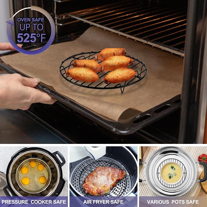 P&P CHEF 7½ Inch Cooking Rack Round, Stainless Steel Round Rack for Cooking Cooling Steaming Baking, Fit Air Fryer Pot Pressure Cooker, 2 Pack -Oven Safe, Black