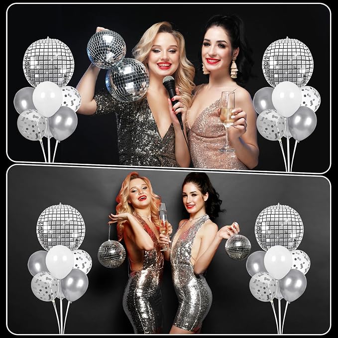 4 Sets Silver Disco Ball Party Balloons Stand Kit with 4 Ball Foil Balloons Disco Themed Balloon 70s 80s 90s Dance Party Balloon Centerpiece for Tables Birthday Prom Graduation Decorations 2026