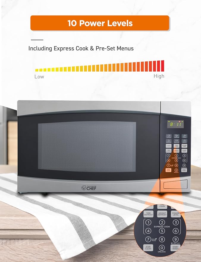 COMMERCIAL CHEF 1.6 Cubic Foot Microwave with 10 Power Levels, Small Microwave with Push Button, 1000 Watt Microwave with Digital Control Panels, Countertop Microwave with Timer, Stainless Steel