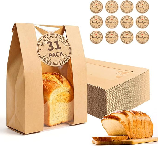 Homrelaxy 31pcs Paper Bread Bags for Homemade Bread, Sourdough Bag with Window, 13.7 x 8.3 x 3.5 Inch Large Brown Kraft Bakery Bags for Storing Loaves & Snacks, Includes 40 Sealing Stickers