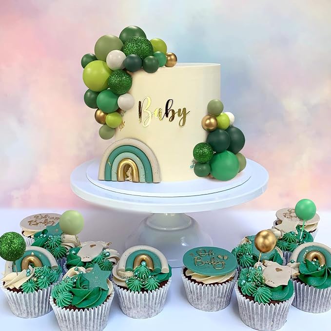 56 PCS Colorful Ball Shaped Cake Topper Pearl Balls Cupcake Cake Insert Topper for Birthday Party Wedding Decoration Supplies Green Series Eight Colors
