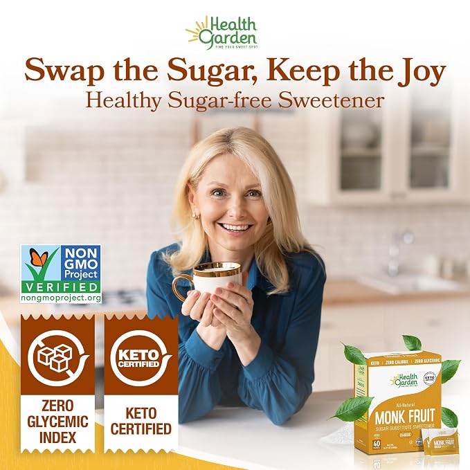 Health Garden Monk Fruit Sweetener, Classic Sugar Substitute – 80 Count Packets (40 Count, 2 Pack) – 1:1 Monk Fruit Sugar Substitute with Erythritol, Zero Calorie Monkfruit Sweetener for Baking and Coffee, Keto Friendly, Non-GMO