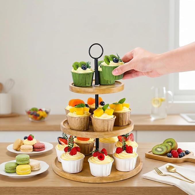 3 Tier Cupcake Stand, Cake Stand Tower, Dessert Table Display Set for Party | PUPOMIO Bamboo Dessert Stands, Wooden 3 Tier Serving Tray, Desert Table Display Set For Wedding/ Birthday/ Afternoon Tea