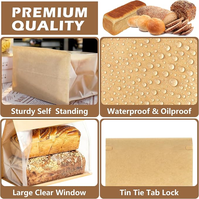 100 Pack Extra Large Paper Bread Bags for Homemade Bread Sourdough Bags, 13.7x10.6x5.5 Inches Resealable Tin Tie Tab Lock Bakery Loaf Bag with Window, Baked Goods Packaging for Gifting and Bake Sale