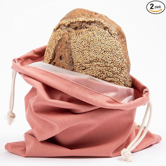 Sourdough Bread Bags for Homemade Bread, 2 Pack, Reusable Cotton Linen, Machine Washable, Freezer Safe - BPA-Free TPU Liner, Fits 2 Loaves Each, Beeswax Wrap Alternative, Drawstring Closure