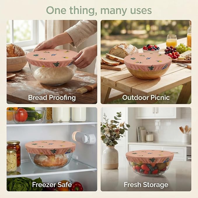 Reusable Bowl Covers (Set of 4) - Breathable Cotton Linen Sourdough Accessories - Elastic Durable Fabric Food Lids for Proofing Baskets & Bread Baking Supplies (Dusty Peach)