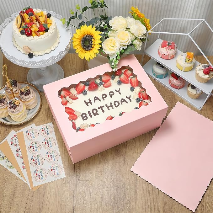 COTOPHER 14x10x6 In Sheet Cake Boxes, 16 Pcs Pink Bakery Boxes with Large Window (8 Boxes & 8 Boards), Cake Containers for Quarter Cakes, Donuts, Cupcakes, Brownie, Pastry & Pies Packaging