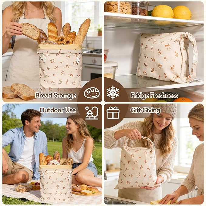 Beeswax Bread Bags for Sourdough, 2 pcs XL Zipper Reusable Bread Bags for Homemade Bread Soudough, Natural Cotton Linen Food Storage Bag for Picnics, Pantry, Long-Lasting Freshness (Rose Pattern)