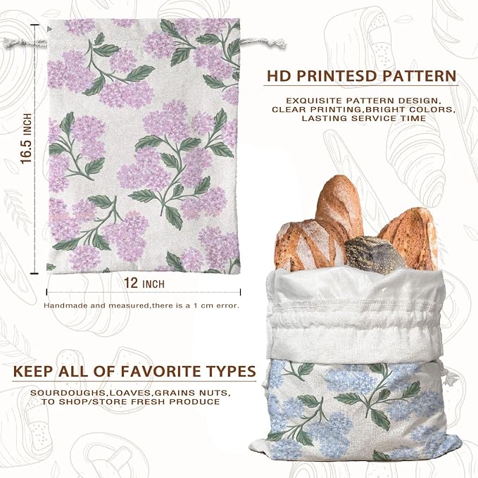 UTELKA Flroal Bread Bag for Sourdough Bread 2Pcs, Hydrangea Reusable Beeswax Homemade Bread Bags for Baker Mom Women Kitchen Housewarming Gifts, Cloth String Storage Bread Box 16.5x12