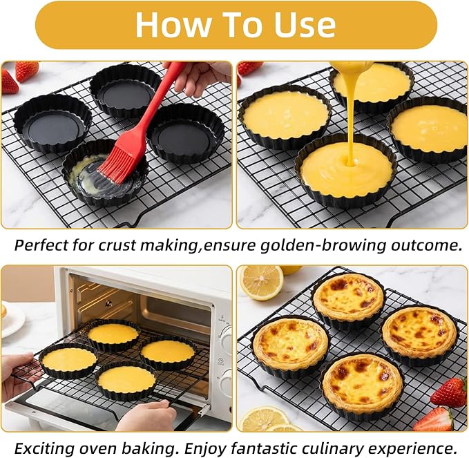 16 Pcs Mini Tart Pans with Removable Bottom, 4 Inch Nonstick Carbon Steel Round Quiche Pie Pans, Reusable Bakeware Mold for Desserts Tarts Pies and Cupcakes, Black
