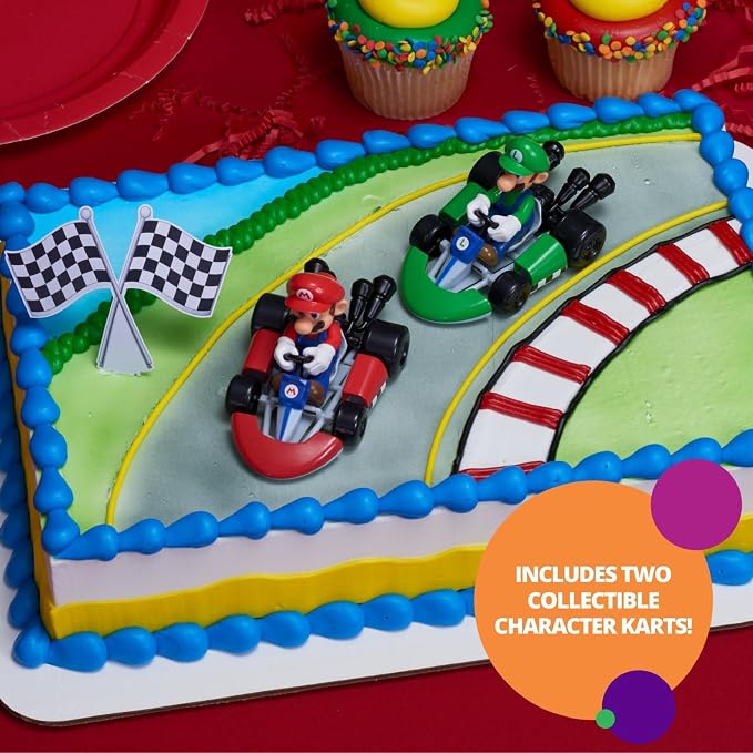 DecoSet® Mario Kart™ Cake Topper, 3 Piece Cake Decoration with Race Kart Toppers & Checkered Flag Decoration, Collectible Character Karts for Hours of Fun After the Party