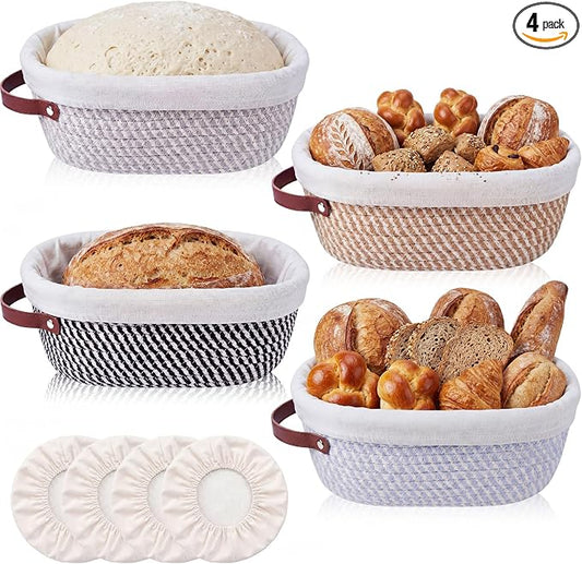 4 Pack Oval Banneton Bread Proofing Basket Set, 10'' Natural Cotton Rope Sourdough Proofing Basket with Liners & Handle Artisan Sourdough Bread Baking Supplies for Home Bakers(Neutral)