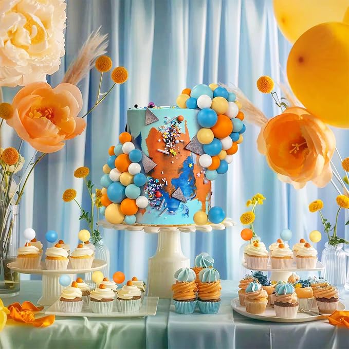 56 PCS Colorful Ball Shaped Cake Topper Pearl Balls Cupcake Cake Insert Topper for Birthday Party Wedding Decoration Supplies (Orange Blue)