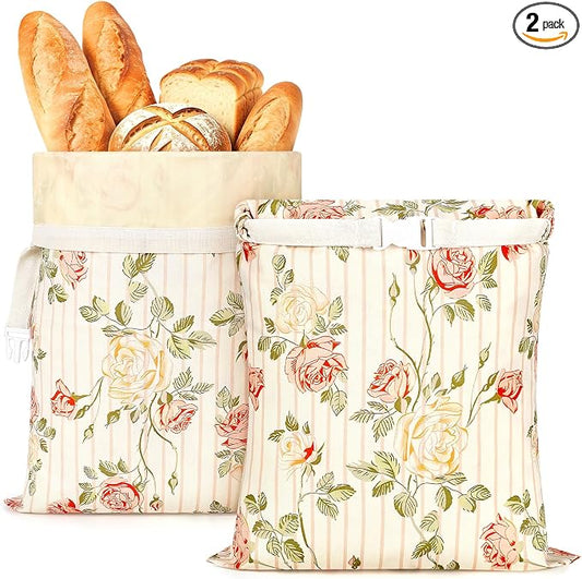 2pack Beeswax Linen Bread Bag Large Reusable Sourdough Bread Bags | 17 x 12 in, Beeswax Liner, Buckle Closure, Keep Bread Fresh, Baking Storage, Rose Design